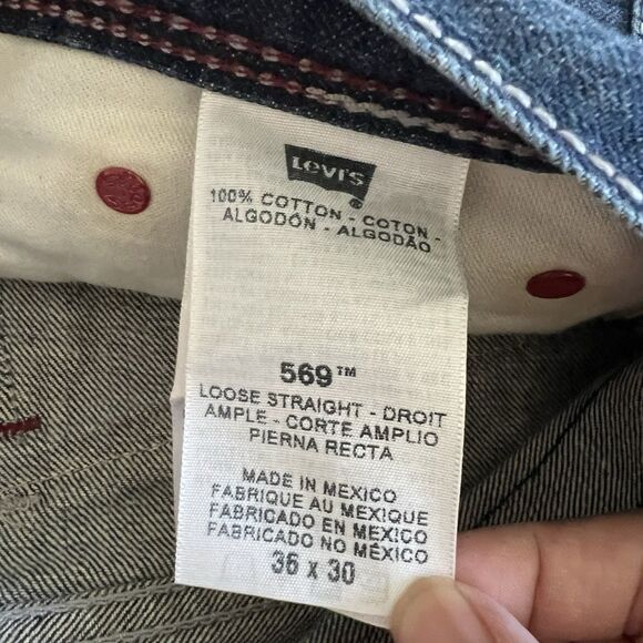 Levi's Loose Straight Fit 569 Jeans Mens 36x30 Blue Denim Red Stitch Snap Pocket - Picture 4 of 16